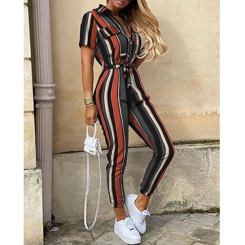 Summer Women's New Fashion Flip Collar Button Print Belt Lace Up Work Dress Casual Capris Jumpsuit Office