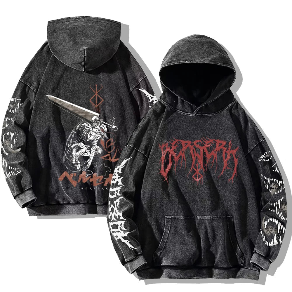 Berserk Printed Washed Hoodies Gothic Vintage Cotton Hooded Sweatshirt Y2k Oversized Long Sleeve Pullover Men Women Retro Hoodie