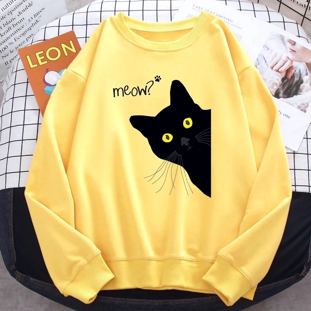 Winter Fall Harajuku Woman Sweatshirt Meow Black Cat Printing Hoodies Comfortable Pullover Crewneck Casual Female Clothes