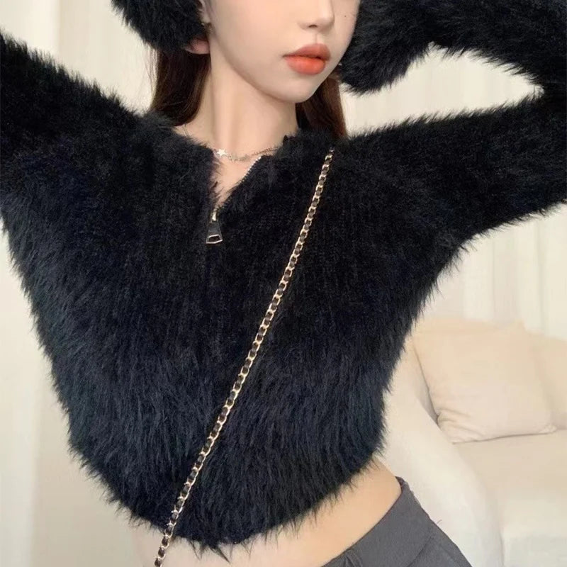 Y2K Knitted Plush Short Cardigan Sweaters Women 2025 Autumn Winter New Zipper Cardigan Female Vintage Trend Sexy Crop Tops