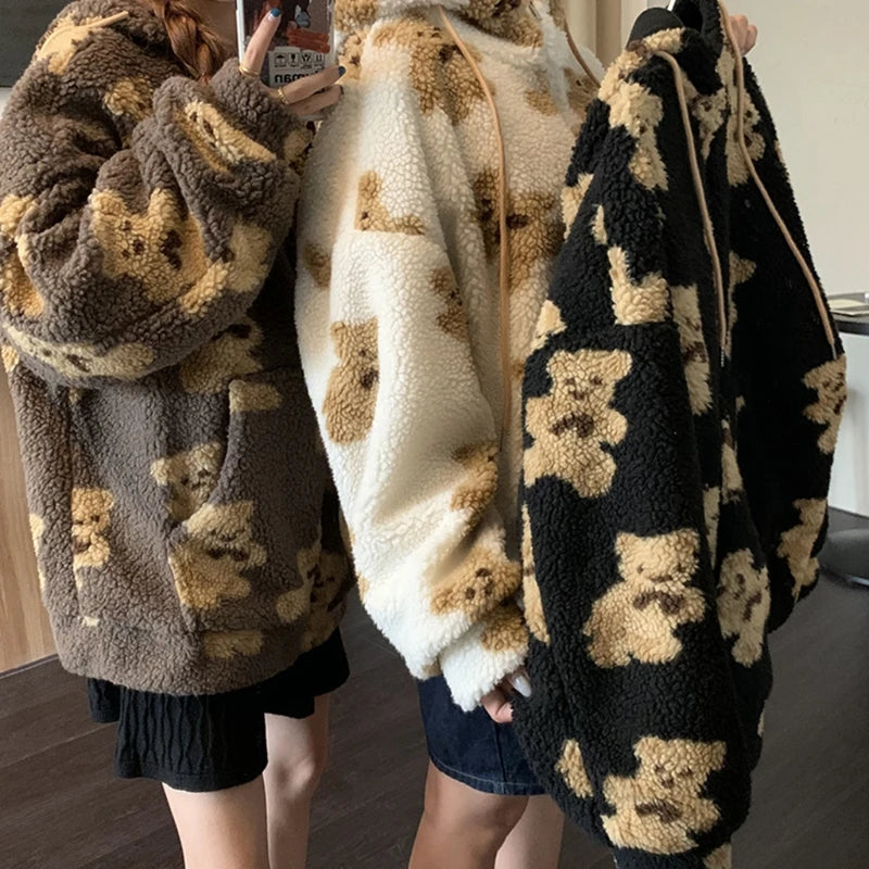 Little Bear Pattern Furry Hoodie 2021 Winter Clothes Warm Plush Sweet Pullovers Women Vintage Korean Style Loose Cute Sweatshirt
