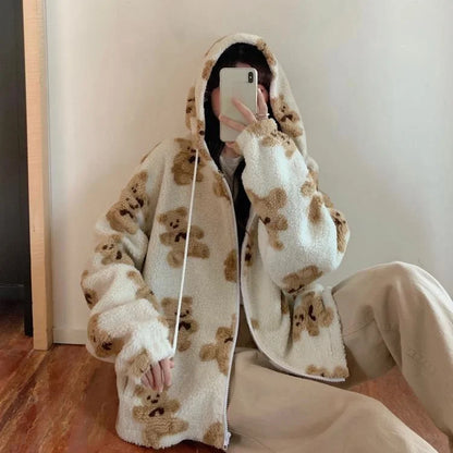 Little Bear Pattern Furry Hoodie 2021 Winter Clothes Warm Plush Sweet Pullovers Women Vintage Korean Style Loose Cute Sweatshirt