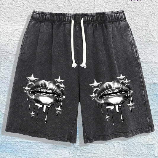 US Local Warehouse Direct | 100% Cotton Washed Shorts, Trendy Metal Lip Print, 4 Colors Optional