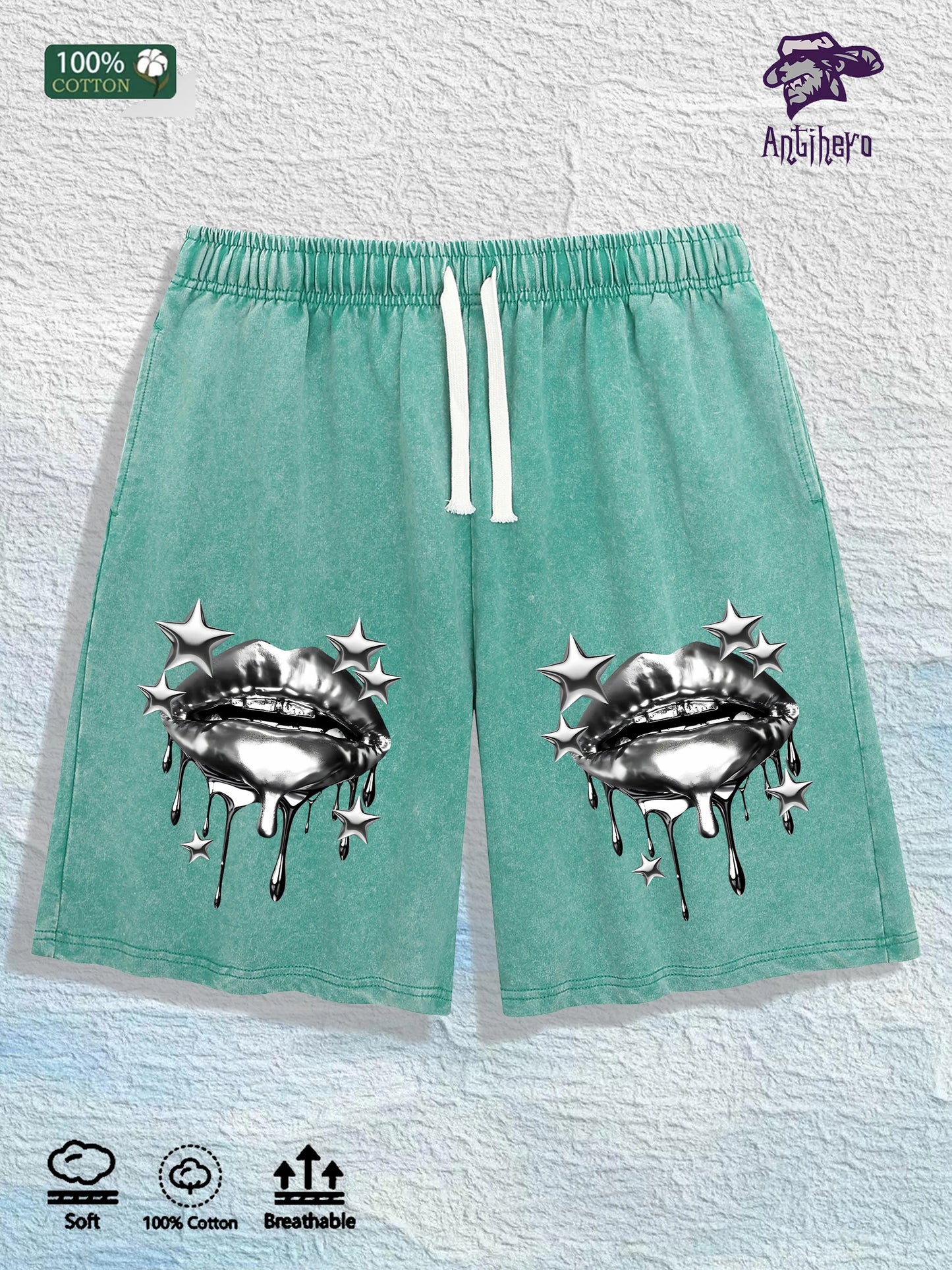 US Local Warehouse Direct | 100% Cotton Washed Shorts, Trendy Metal Lip Print, 4 Colors Optional