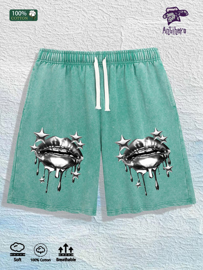 US Local Warehouse Direct | 100% Cotton Washed Shorts, Trendy Metal Lip Print, 4 Colors Optional