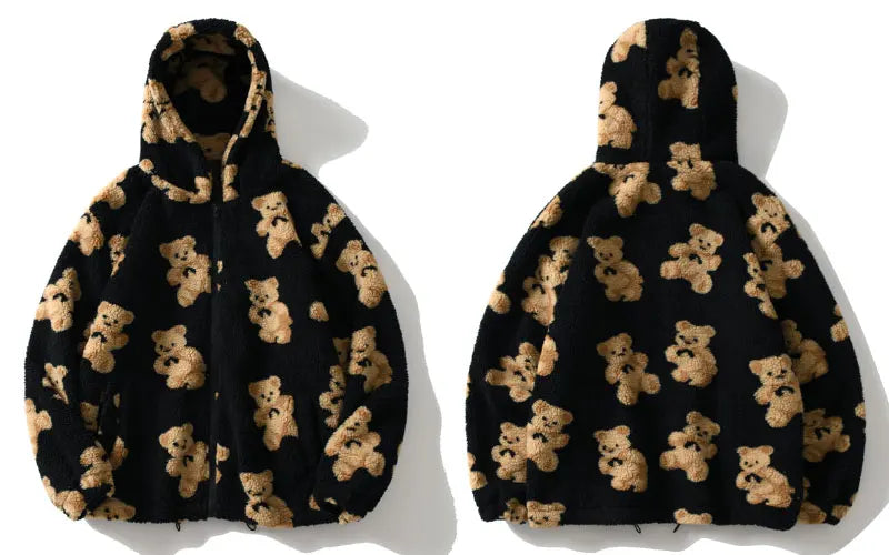 Little Bear Pattern Furry Hoodie 2021 Winter Clothes Warm Plush Sweet Pullovers Women Vintage Korean Style Loose Cute Sweatshirt
