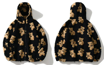 Little Bear Pattern Furry Hoodie 2021 Winter Clothes Warm Plush Sweet Pullovers Women Vintage Korean Style Loose Cute Sweatshirt