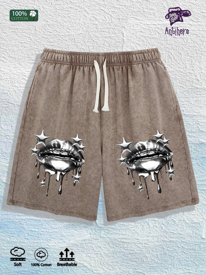US Local Warehouse Direct | 100% Cotton Washed Shorts, Trendy Metal Lip Print, 4 Colors Optional
