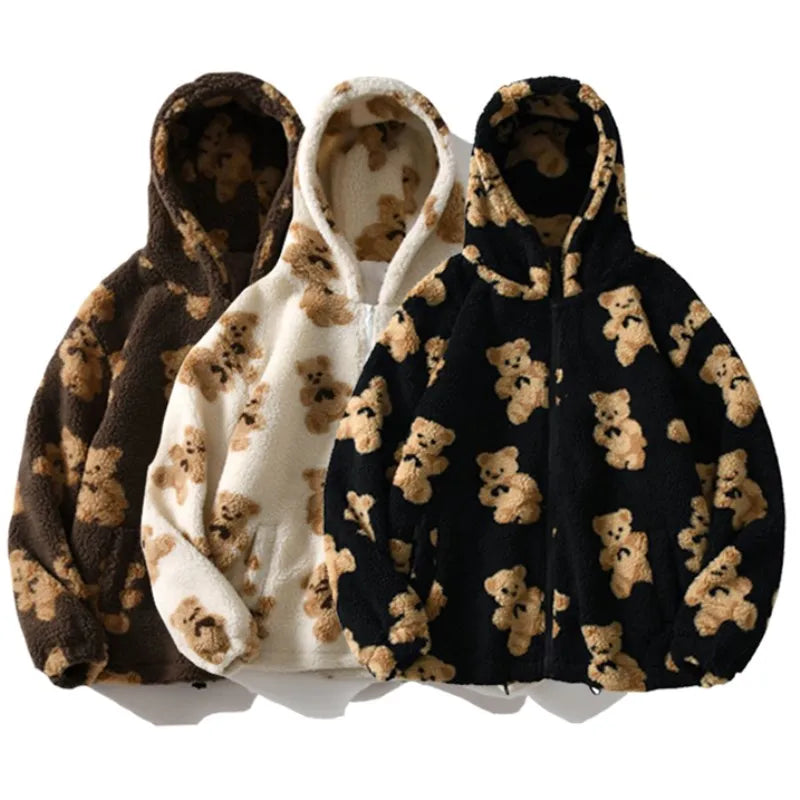 Little Bear Pattern Furry Hoodie 2021 Winter Clothes Warm Plush Sweet Pullovers Women Vintage Korean Style Loose Cute Sweatshirt