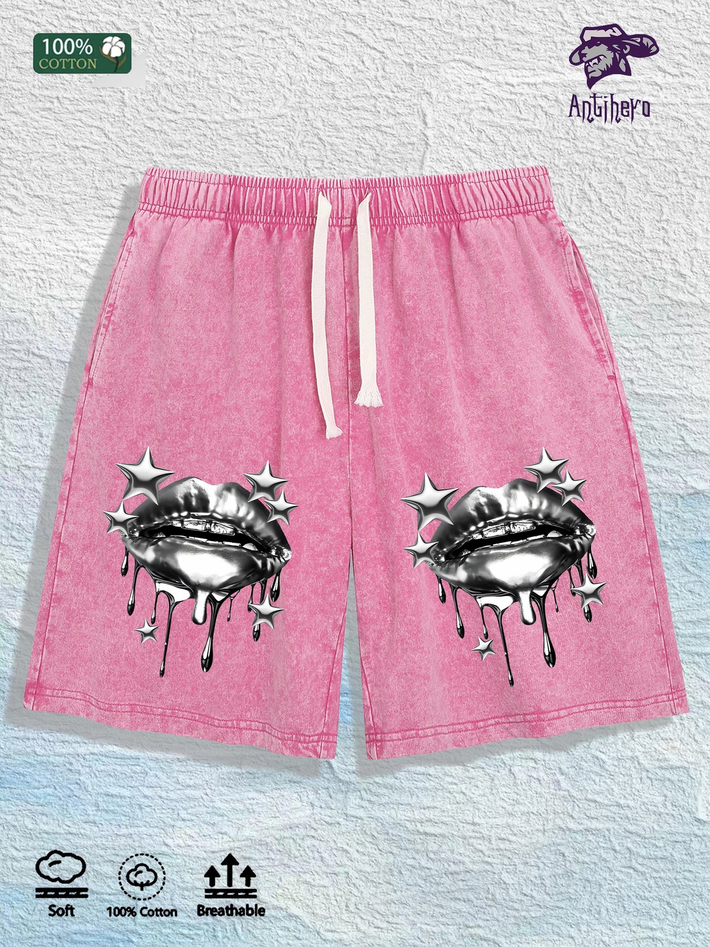 US Local Warehouse Direct | 100% Cotton Washed Shorts, Trendy Metal Lip Print, 4 Colors Optional