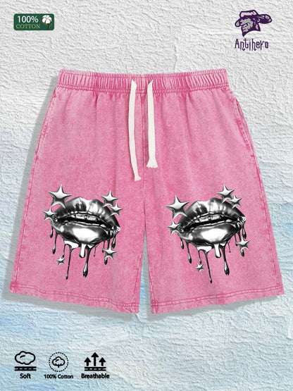 US Local Warehouse Direct | 100% Cotton Washed Shorts, Trendy Metal Lip Print, 4 Colors Optional