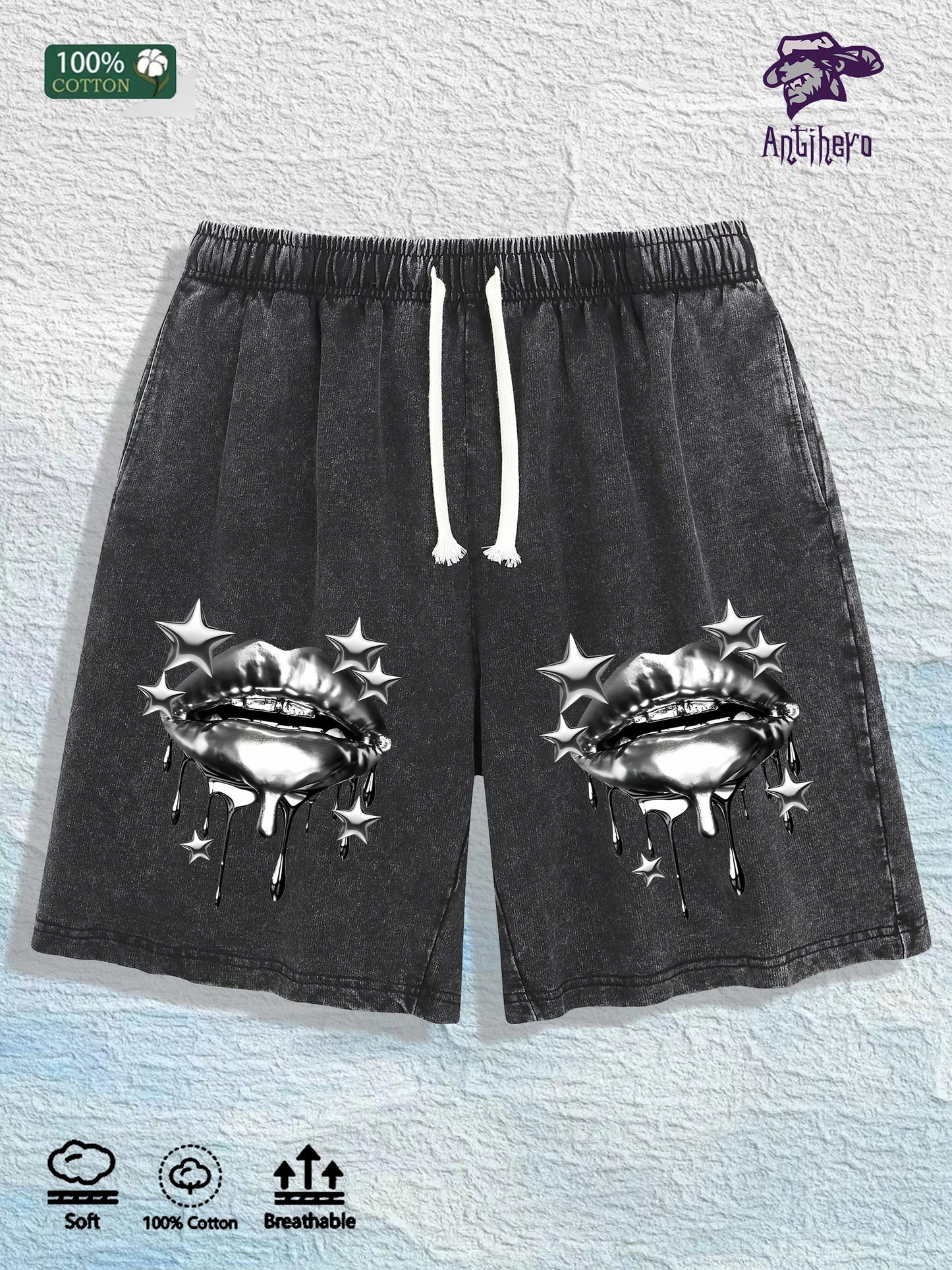 US Local Warehouse Direct | 100% Cotton Washed Shorts, Trendy Metal Lip Print, 4 Colors Optional