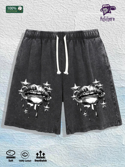 US Local Warehouse Direct | 100% Cotton Washed Shorts, Trendy Metal Lip Print, 4 Colors Optional