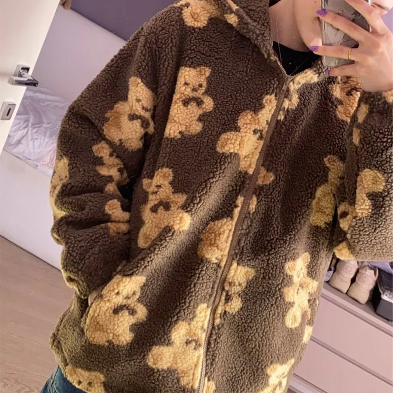Little Bear Pattern Furry Hoodie 2021 Winter Clothes Warm Plush Sweet Pullovers Women Vintage Korean Style Loose Cute Sweatshirt