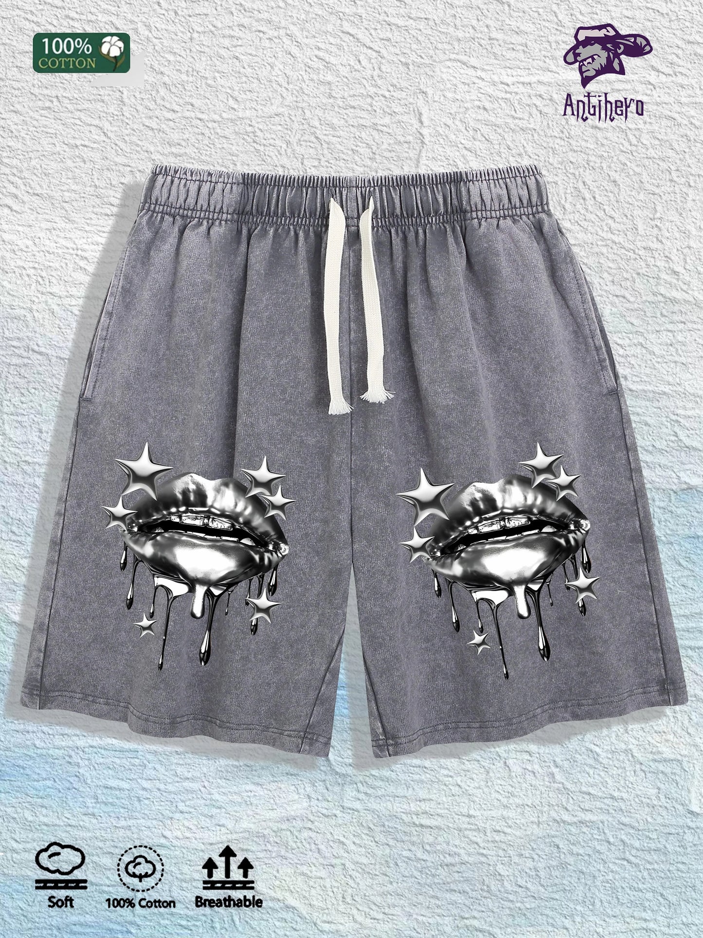 US Local Warehouse Direct | 100% Cotton Washed Shorts, Trendy Metal Lip Print, 4 Colors Optional