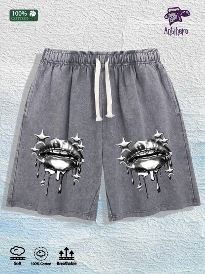 US Local Warehouse Direct | 100% Cotton Washed Shorts, Trendy Metal Lip Print, 4 Colors Optional