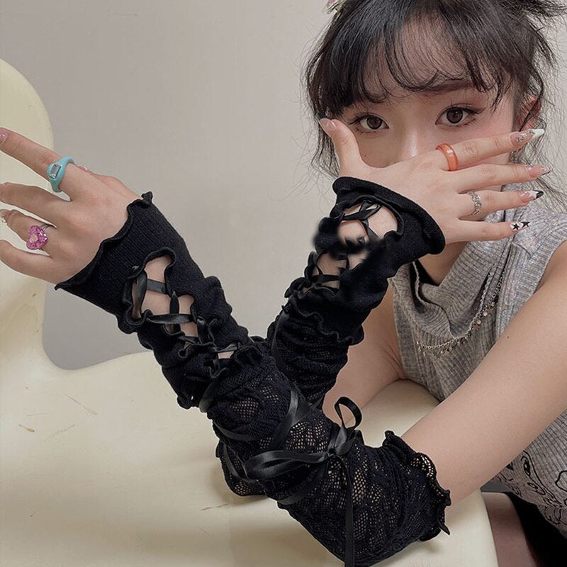 Lolita Ballet Strap Lace Gloves Y2K Fingerless Gothic Sunscreen Sleeve Women Lolita Clothing Accessories Mesh Anime Punk Gloves