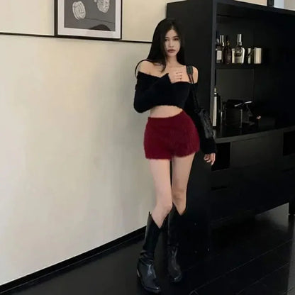 Womens Plush Shorts Slim High Waist Winter Autumn Thick Velvet Pants Aesthetic Elegant Cute Y2k Korean Shorts for Female New