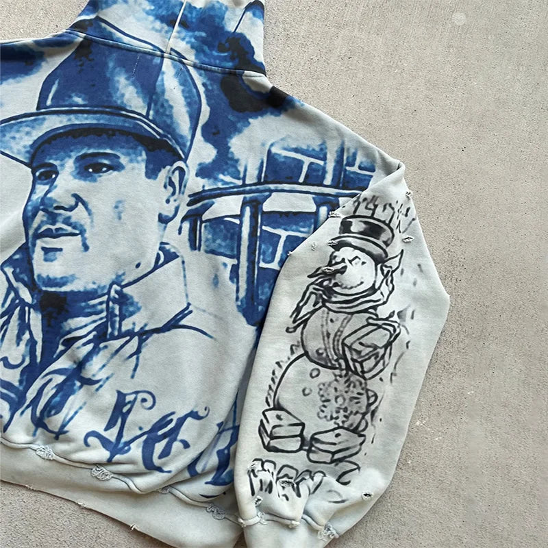 Y2K Fashion Retro Hoodie Oversized Abstract Graphic Printing Casual Distressed Zip Up Hoodie Men Women Hip Hop Trend Streetwear