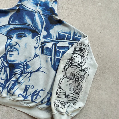 Y2K Fashion Retro Hoodie Oversized Abstract Graphic Printing Casual Distressed Zip Up Hoodie Men Women Hip Hop Trend Streetwear