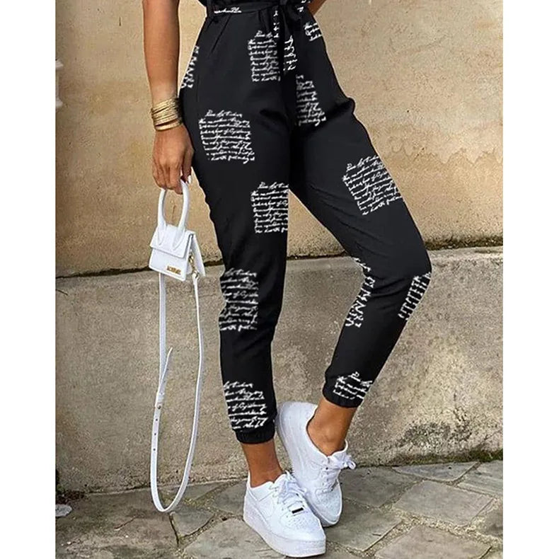 Summer Women's New Fashion Flip Collar Button Print Belt Lace Up Work Dress Casual Capris Jumpsuit Office