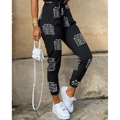 Summer Women's New Fashion Flip Collar Button Print Belt Lace Up Work Dress Casual Capris Jumpsuit Office
