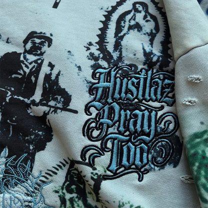 Y2K Fashion Retro Hoodie Oversized Abstract Graphic Printing Casual Distressed Zip Up Hoodie Men Women Hip Hop Trend Streetwear