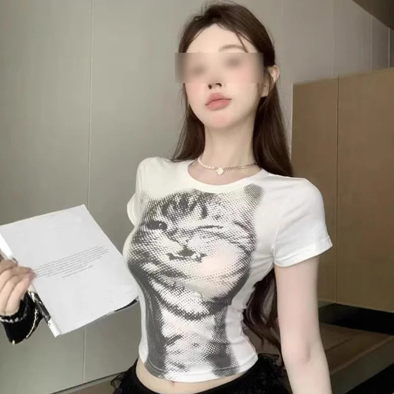 wild cat print low pixel round neck short sleeved T-shirt retro versatile slimming short top