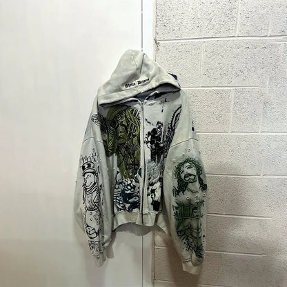 Y2K Fashion Retro Hoodie Oversized Abstract Graphic Printing Casual Distressed Zip Up Hoodie Men Women Hip Hop Trend Streetwear