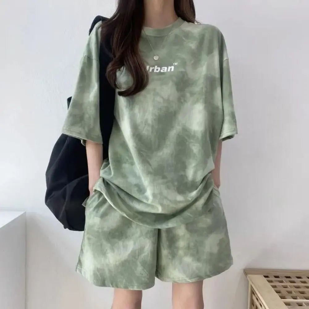 Streetwear Letter Two-piece Tracksuit Tie-dye Thin Short Sleeve T-shirt Shorts Ins Sports Summer Loose Suit Running