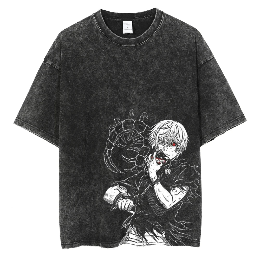 Hip Hop T-Shirt Anime Printed Streetwear Short Sleeve Vintage Japanese Graphic TShirt Men Harajuku Casual Loose Washed Tees