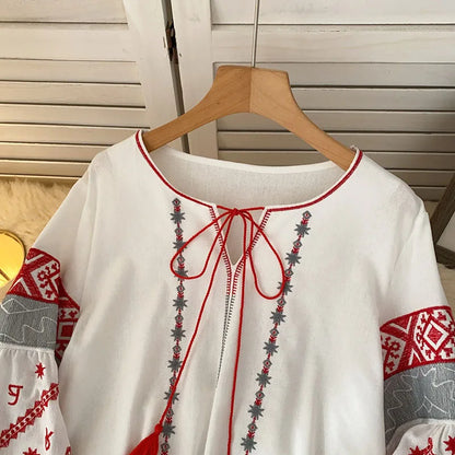 New Women's Bohemia Blouse Embroidered Autumn Spring O-neck Collar Bow Tie Lantern Sleeve Top Blusas Mujer Female Tops BL021