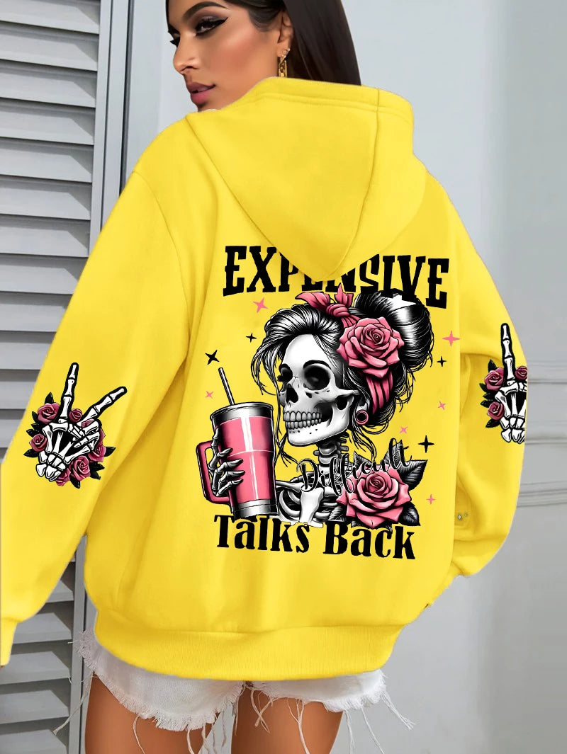 Expensive Talks Back Funny Printing Womens Hoodie Loose Multicolor Pullovers Fleece Autumn Sportswear Casual Pocket Hoody