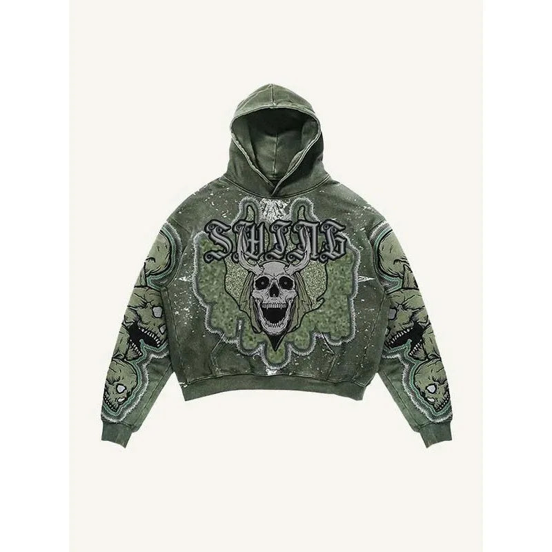 Skull print green hooded sweatshirt trendy brand street hot selling retro men's and women's pullover fashion loose sports hoodie