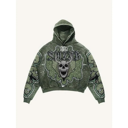 Skull print green hooded sweatshirt trendy brand street hot selling retro men's and women's pullover fashion loose sports hoodie
