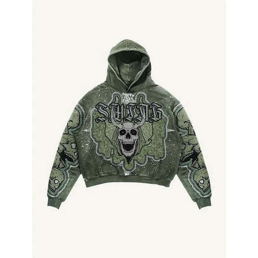 Skull print green hooded sweatshirt trendy brand street hot selling retro men's and women's pullover fashion loose sports hoodie