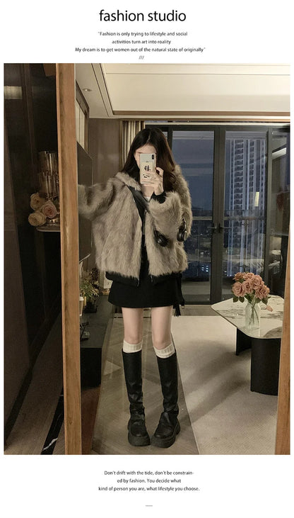 Double Sided Winter Coat Women Clothing Imitation Mink Fur Fur Hooded Cotton Jacket Female Warm Cotton-padded Clothes Outerwea