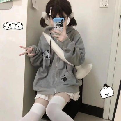 Anime Sanrioed Pochacco Cardigan Hoodie Thicken Ear Hooded Zip Jacket Kawaii Cotton Spring Autumn Sweet Loose Student Girls