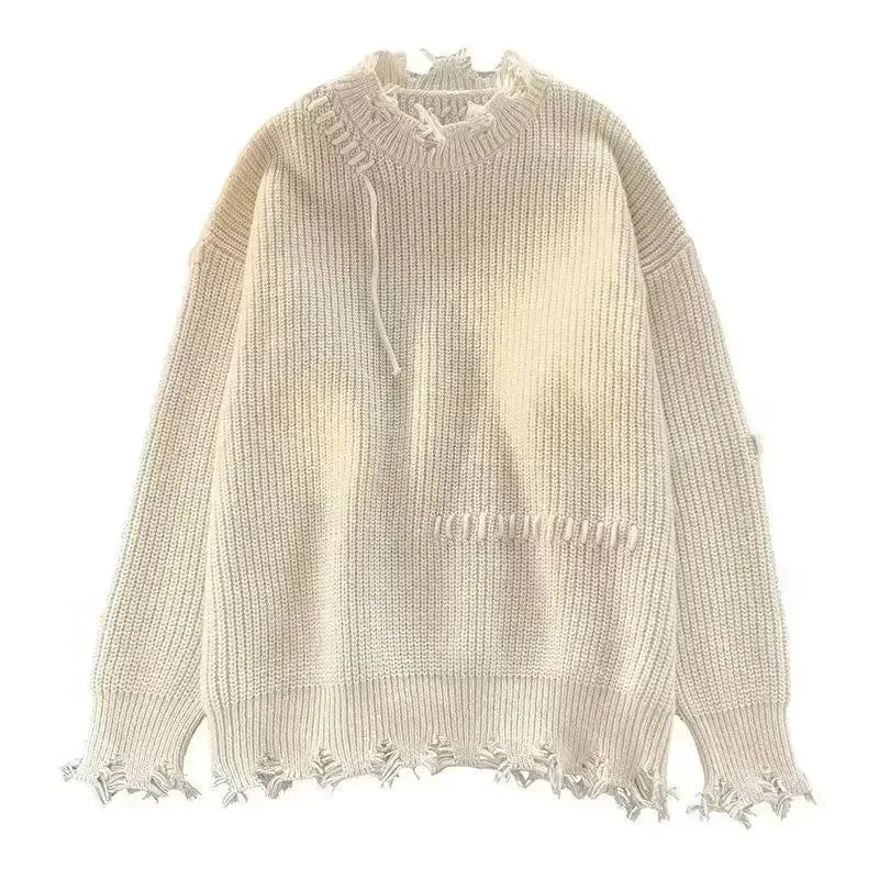 Men's Clothing Pullovers Beige Knit Sweater Male Torn with Holes Solid Color Patchwork Plain Loose Fit Korean Autumn Clothes X A