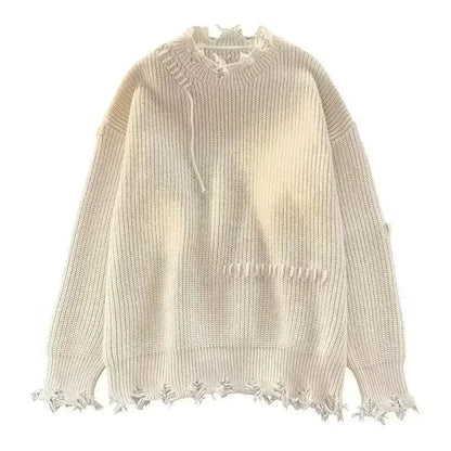 Men's Clothing Pullovers Beige Knit Sweater Male Torn with Holes Solid Color Patchwork Plain Loose Fit Korean Autumn Clothes X A