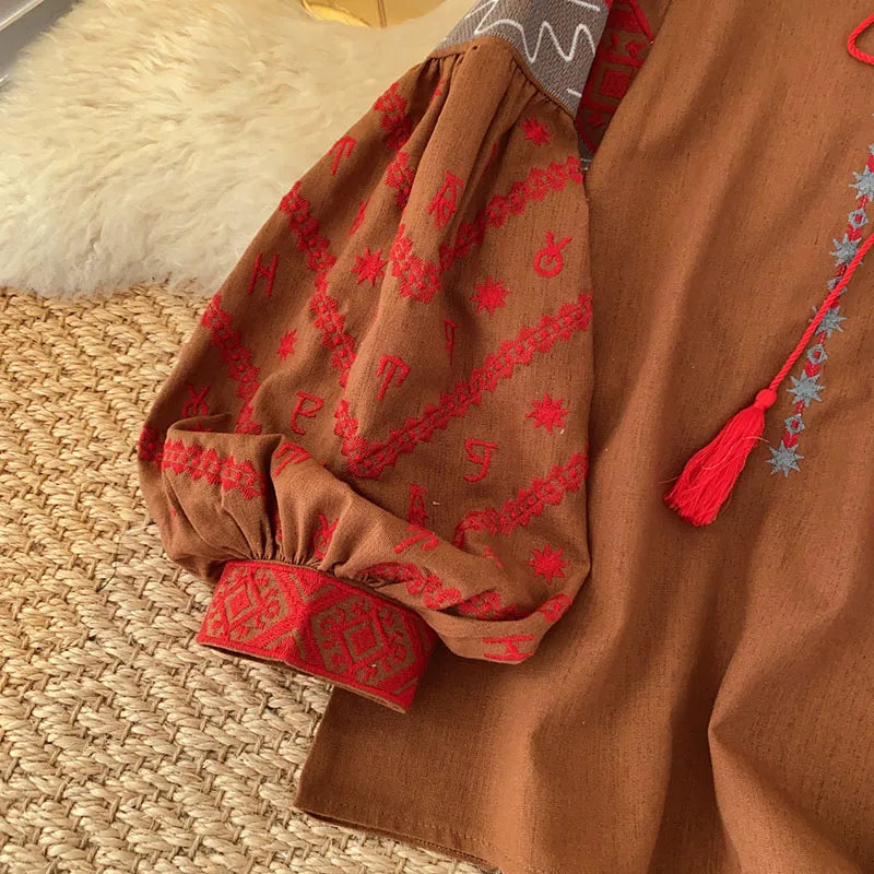 New Women's Bohemia Blouse Embroidered Autumn Spring O-neck Collar Bow Tie Lantern Sleeve Top Blusas Mujer Female Tops BL021