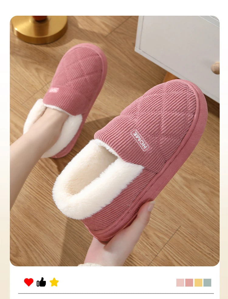New Corduroy Cotton Slippers for Women Home Warm Shoes Soft Plush Anti-slip Couples Indoor Warm Non-slip Slides Footwear 2024