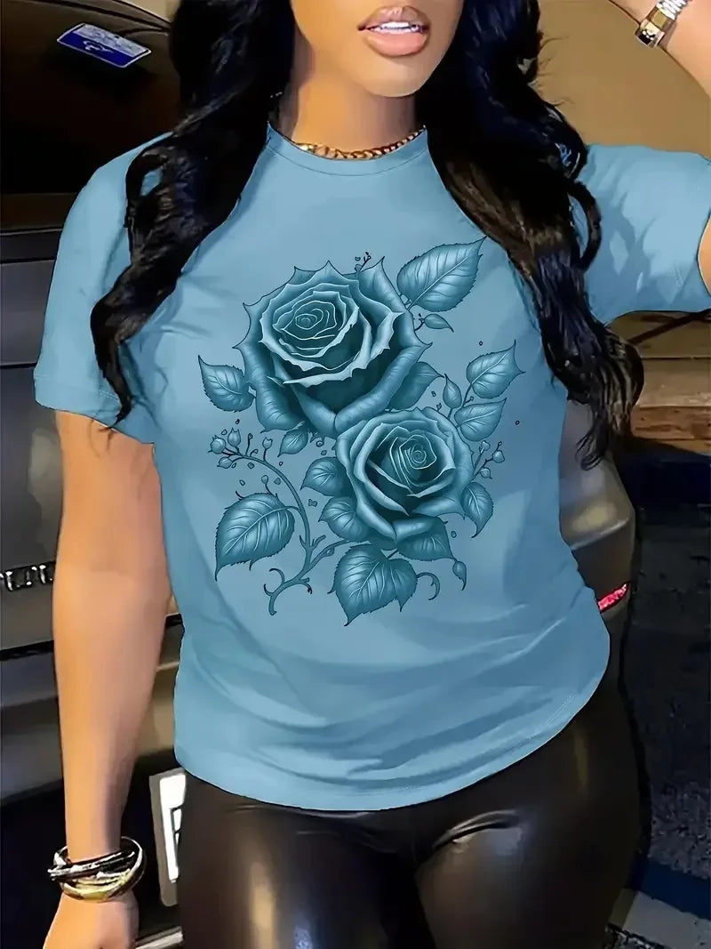 Women's Hot Selling Casual Round Neck Top, 3D Rose Pattern Short Sleeved T-shirt Elegant, Fast Breathable Outdoor Sports Shirt