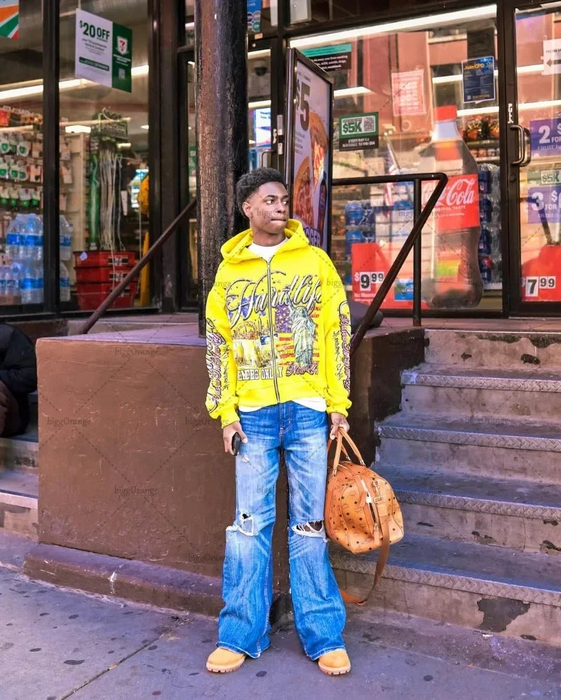 American Retro Letter Casual Loose Zipper Hoodie Men New Street Hip-hop Fashion Y2K Harajuku Oversized Sweatshirt Women