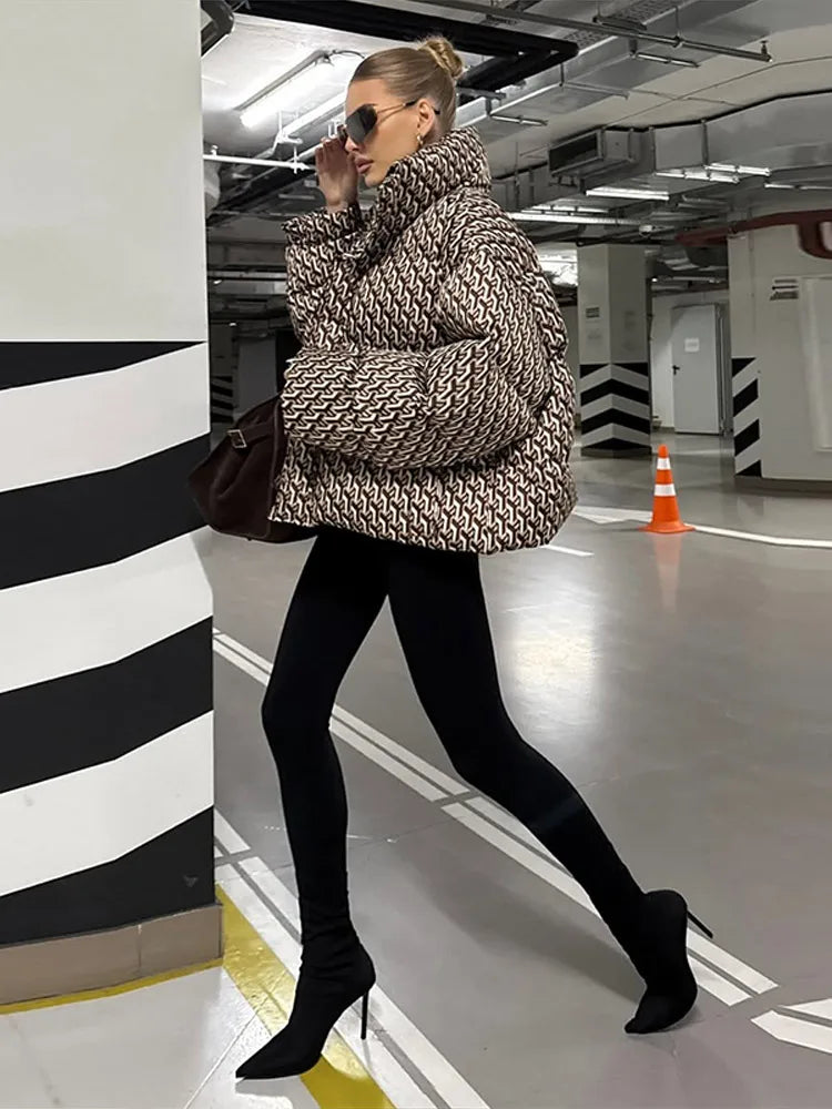 Oversized Printed Stand Collar Zipper Padded Jacket Women Elegant Long Sleeve Loose Autumn Winter Coats Fashion Ladies Outerwear