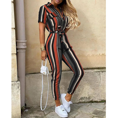 Summer Women's New Fashion Flip Collar Button Print Belt Lace Up Work Dress Casual Capris Jumpsuit Office