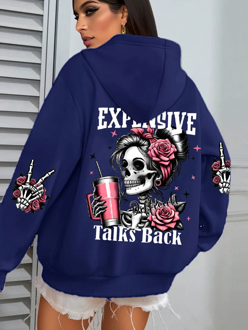Expensive Talks Back Funny Printing Womens Hoodie Loose Multicolor Pullovers Fleece Autumn Sportswear Casual Pocket Hoody