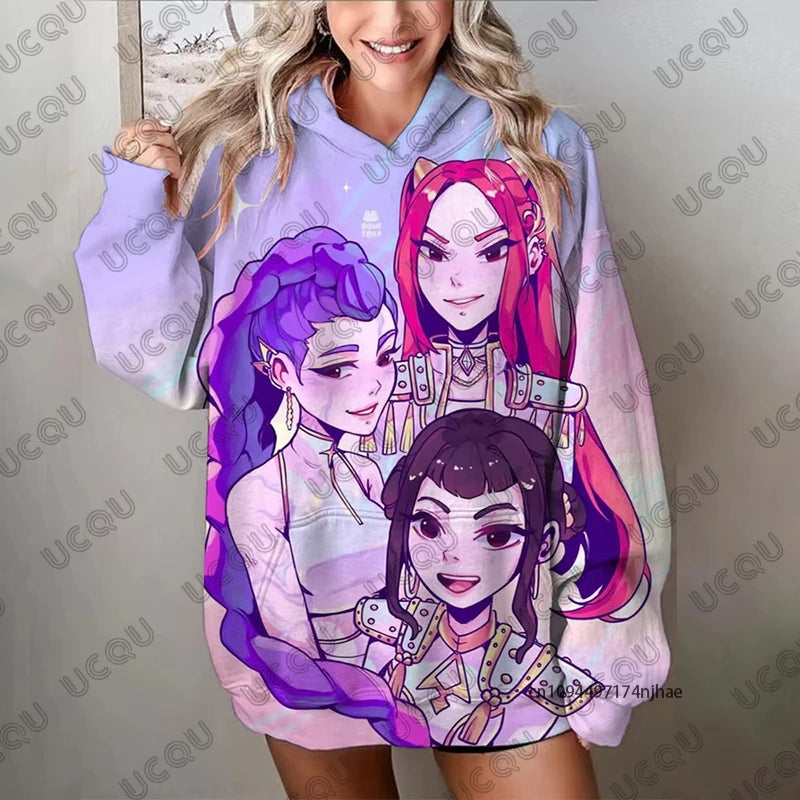 Autumn Fashion Kawaii KPop Demon Hunters Print Hoodies For Women Long Sleeve Sweatshirts Casual Pullover Oversized Y2K Tops