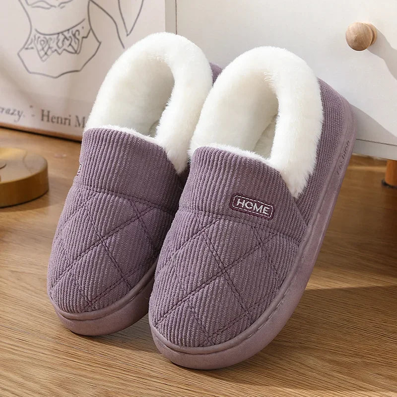 New Corduroy Cotton Slippers for Women Home Warm Shoes Soft Plush Anti-slip Couples Indoor Warm Non-slip Slides Footwear 2024