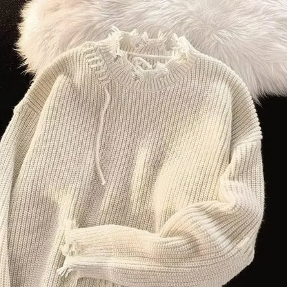 Men's Clothing Pullovers Beige Knit Sweater Male Torn with Holes Solid Color Patchwork Plain Loose Fit Korean Autumn Clothes X A